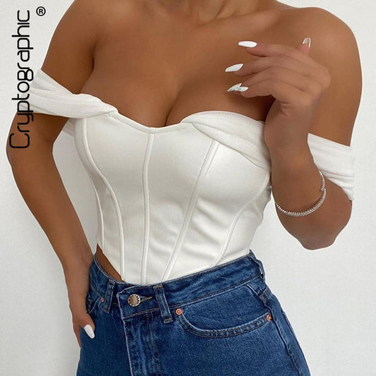 Prodotti Corsetto bustier sexy in pelle PU crittografica Top con spalle scoperte Chiffon bianco senza spalline Top femminile Top corto Abbigliamento donna