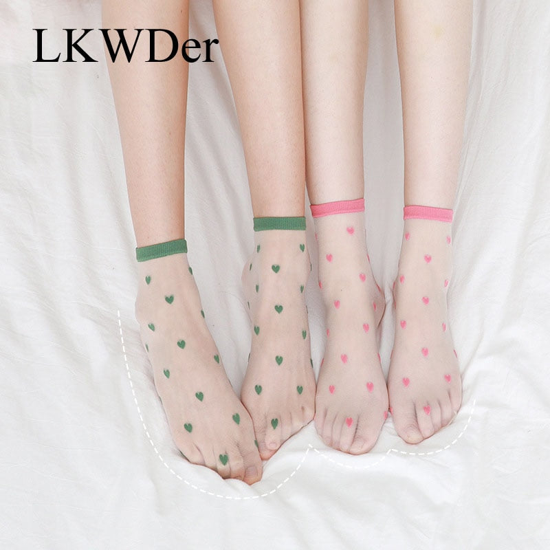 LKWDer 1 paio di calze da donna in filamento di vetro dolce estate primavera colori cuore moda donna caviglia calzino carino Calcetines trasparenti