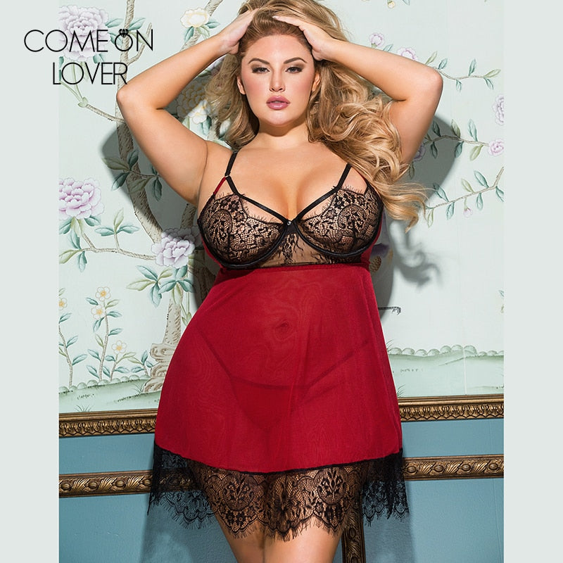 Comeonlover Plus Size Sexy 5XL Donna Lingerie di pizzo per ciglia Back Split Patchwork Cinturino per spaghetti Babydoll Set Perizoma perizoma