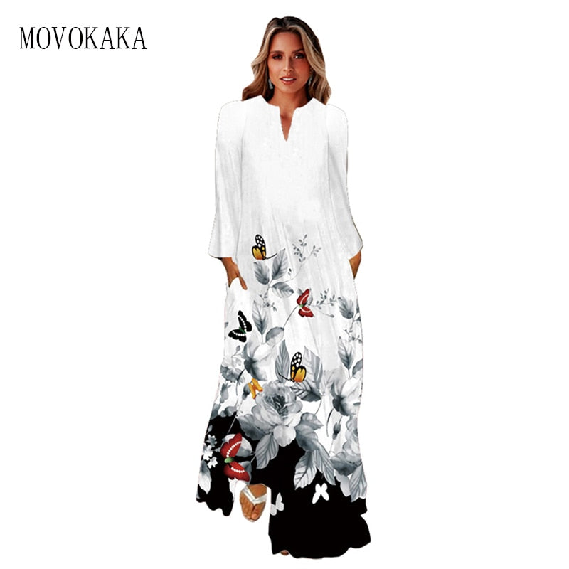 MOVOKAKA Abito lungo da donna autunno inverno Abito da donna bianco a maniche lunghe con scollo a V con cerniera Abiti eleganti con stampa di fiori Abito vintage