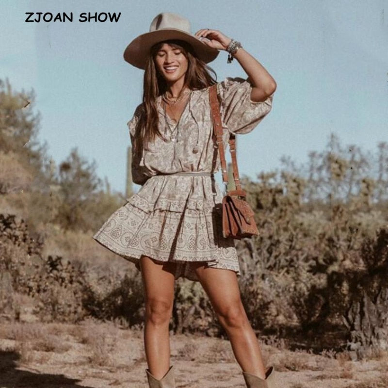 Prodotti 2019 Increspature Orecchio di legno Stampa floreale Abito bohemien da donna Vintage con scollo a V Strappy Mezza manica BOHO Abiti da vacanza femme Vestido