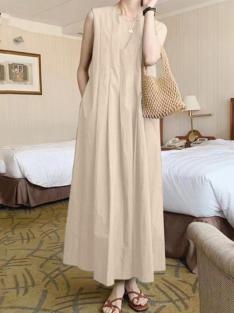 ZANZEA Fashion Holiday Robe Summer Maxi Long Dress Donna O Neck Abiti senza maniche Vintage Pieghettato Vestito estivo Causale Abiti da lavoro