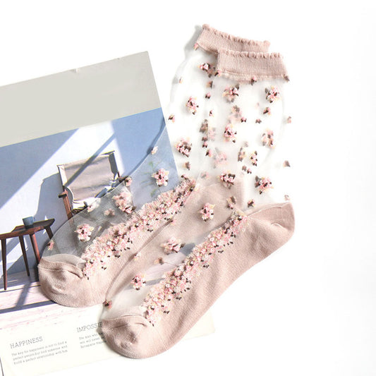 Prodotti Nuovi calzini ultrasottili traspiranti Summer Women Calzini corti elastici da donna in pizzo trasparente con fiore di seta rosa