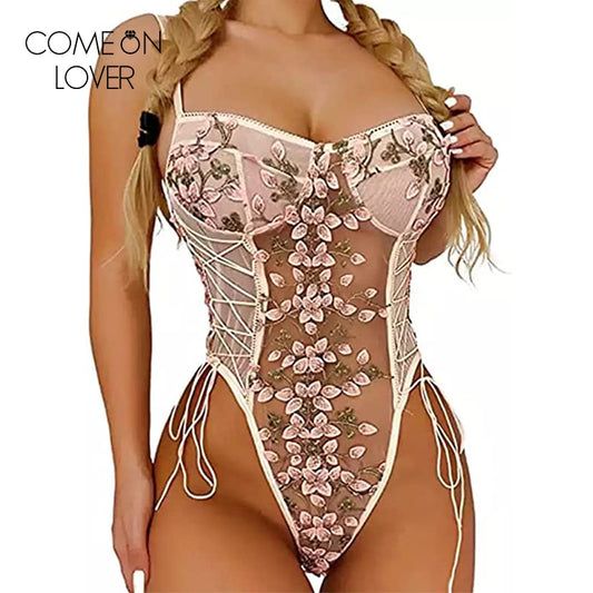 omeonlover Women Lingerie Body One Piece Floral Teddy Sexy Mesh Sheer Body ricamato con ferretto Top Lingerie Pink