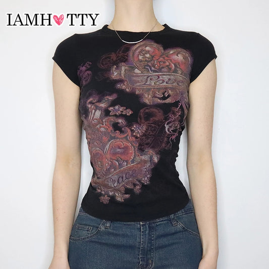 Prodotti IAMHOTTY T-shirt vintage con stampa floreale grunge Fairycore T-shirt Y2K estetica manica corta Crop Top Estate 2023 T-shirt grafiche Harajuku