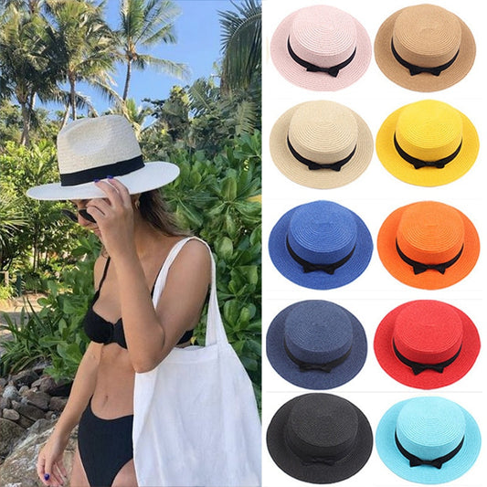 2023 nuove donne cappelli di paglia Panama tesa larga cappello jazz estate fiocco nodo piatto cappello da sole parasole chapeau spiaggia berretto di protezione UV
