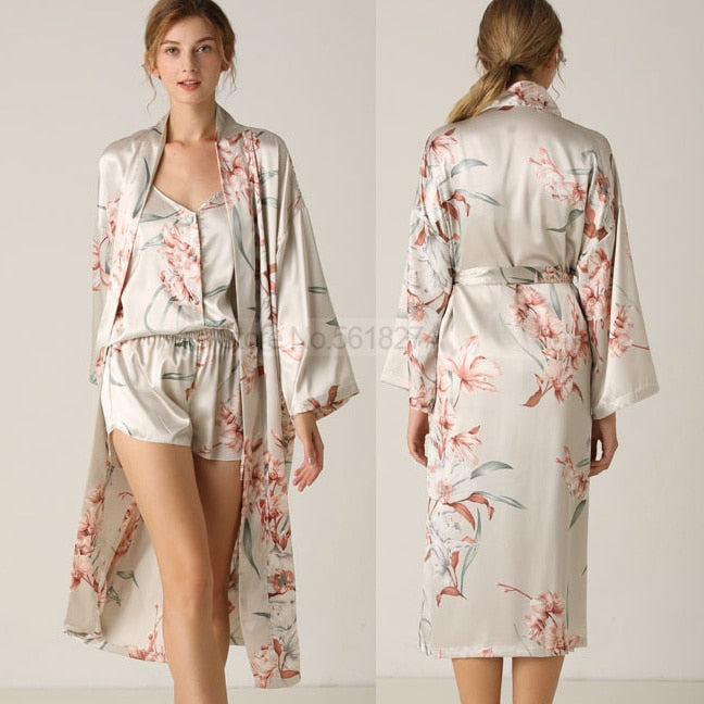 Prodotti Stampa Flower NightyRobe Suit Sleepwear Sexy Kimono in raso Abito da donna Accappatoio Intimo Lingerie Nightwear Camicia da notte di seta