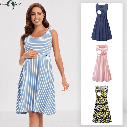 Prodotti Abito da allattamento a righe Baby Shower Allattamento al seno Abito da gravidanza Elegante senza maniche Premama Abiti in gravidanza Vestido Robe Femme