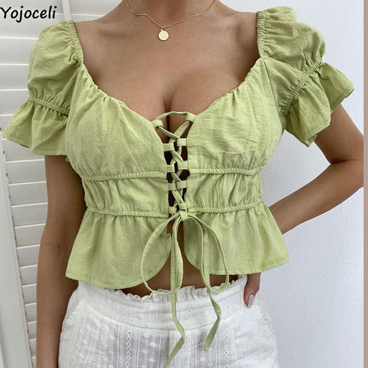 Prodotti Yojoceli Camicetta corta da donna sexy con lacci Camicetta casual da spiaggia femminile dolce con volant Eleganti top blusas di moda vintage