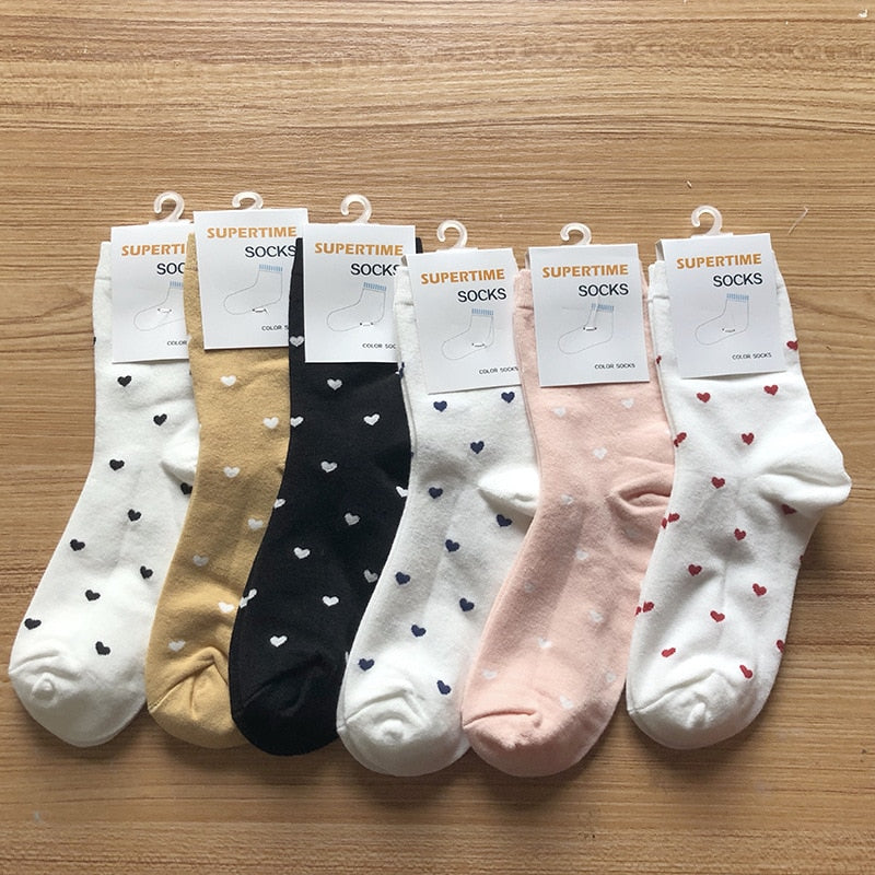 Prodotti Calzini lunghi carini da donna in cotone Love Heart con stampa Kawaii Beautiful Ladies Designer Socks High Art Warm Sokken Femme Calze