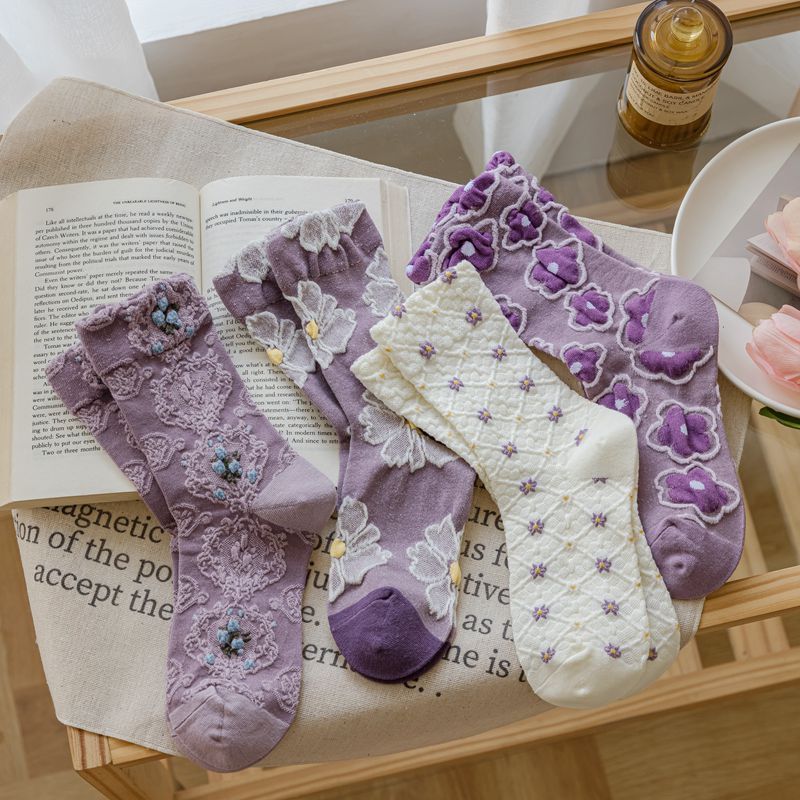 Prodotti 4 paia di calze da donna in cotone viola serie dolce di alta qualità Harajuku Kawaii Lolita ragazza carino grazioso regalo fiore calzini