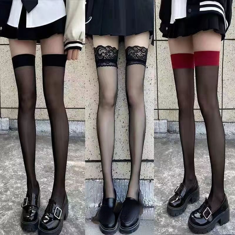 Prodotti Costumi JK Donne Sexy Calze a rete alte alla coscia Lolita Ragazze Punk gotico Trasparente sopra il ginocchio Calze lunghe rosse con bordo largo