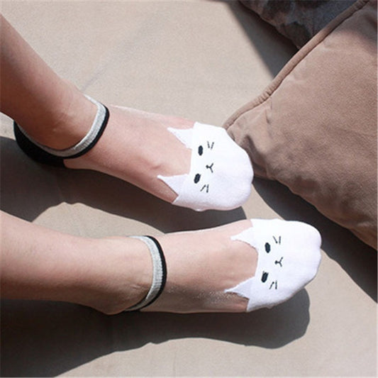 1Pair Cute Print Cat Harajuku Calzini trasparenti Donna Ragazze Summer Fun Animal Low Hipster Lovely Invisible Ankle Sox Female Sox