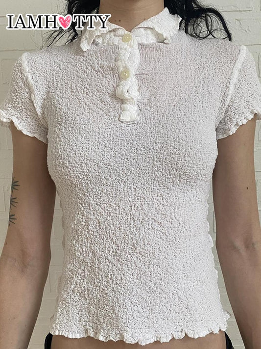 IAMHOTTY Camicia in tessuto con bottoni a risvolto Camicia bianca a maniche corte Pullover corto Chic Elegante camicetta coreana T-shirt da donna