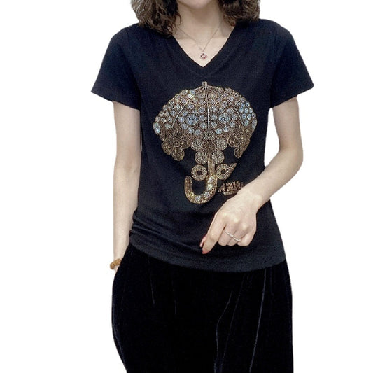 Prodotti Maglietta da donna T-shirt di grandi dimensioni T-shirt estiva a maniche corte da donna T-shirt elastica con scollo a V T-shirt