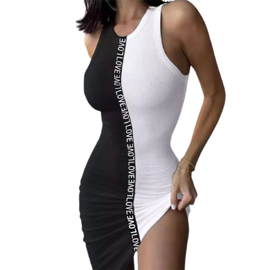 2022 Summer Women # 39; s Tank Dress Off Spalla O-Collo Cuciture a contrasto di colore Slim Sexy Hip Bodycon Mini Abiti Vestidos