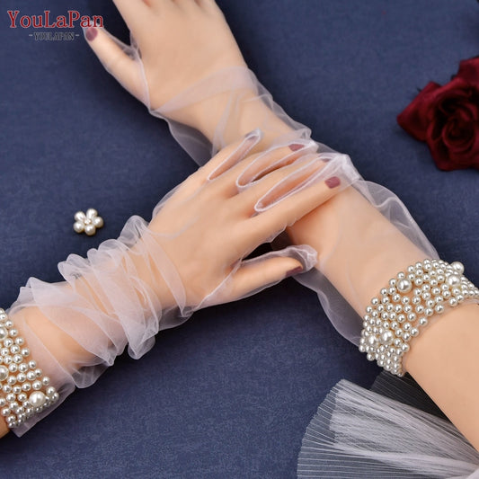 YouLaPan VM01-A Guanti da sposa di perle 1 paio di guanti da sposa in tulle trasparenti lunghi sopra il gomito addio al nubilato in tulle
