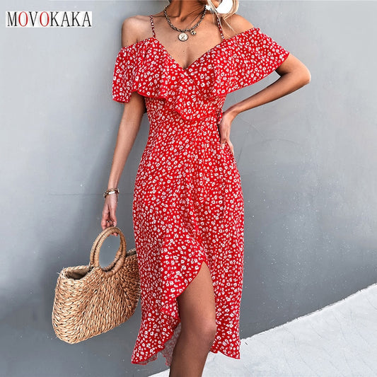 MOVOKAKA Vestito da donna con cinturini sexy primavera estate da donna con volant e spalle scoperte Abiti da festa casual Elegante abito da spiaggia con stampa floreale