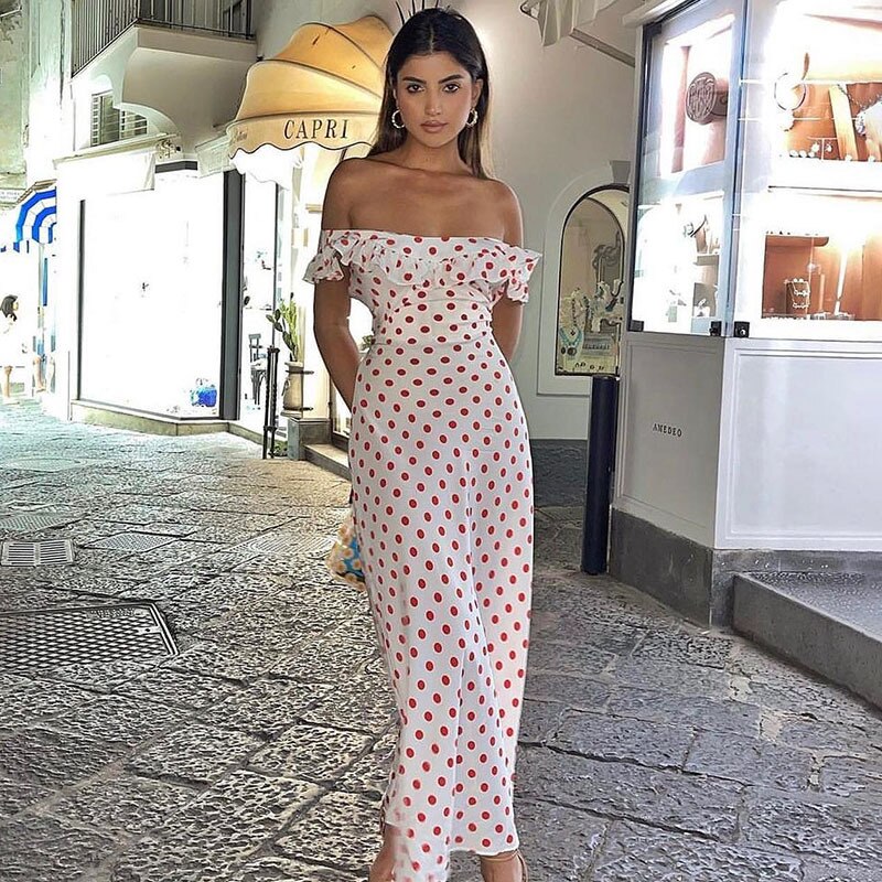 Prodotti 2023 Vestito lungo dalla fasciatura con volant a pois Donna con spalle scoperte Vestito da festa elegante e sottile Abiti estivi per le vacanze al mare