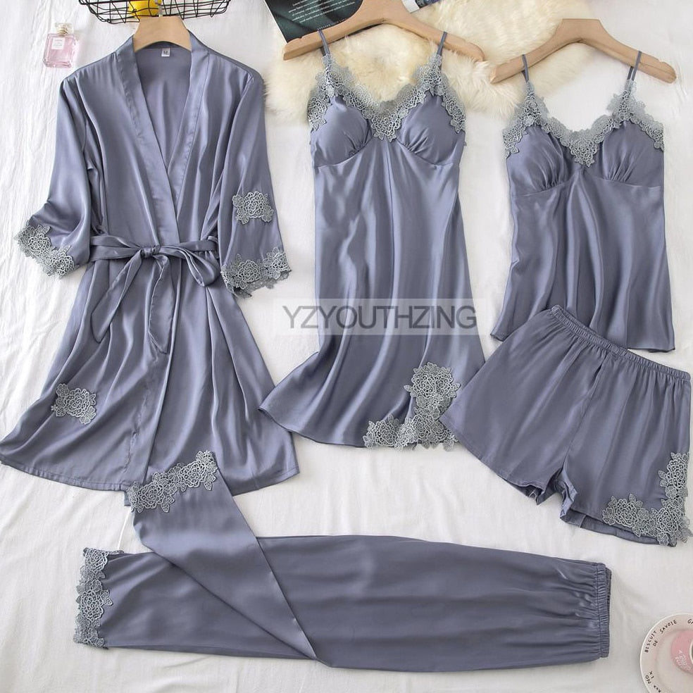 Prodotti Pigiama da donna in pizzo Pigiama da donna Pigiama da notte sexy in raso Pigiama estivo con pantaloni Camicia da notte con scollo a V Kimono Abito da notte Set Lingerie