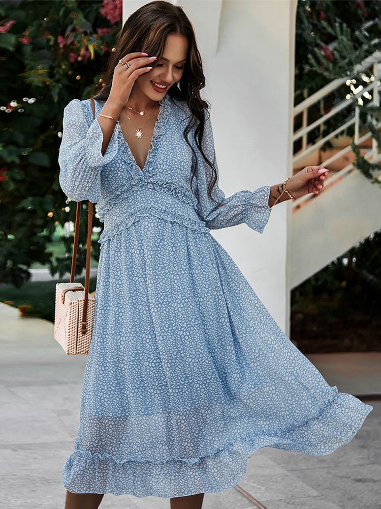 Prodotti Boho Summer Dress Women 2022 Ruffles Print V Neck Chiffon Midi Dress Polso Flare Sleeve Empire Holiday Beach Abiti Donna