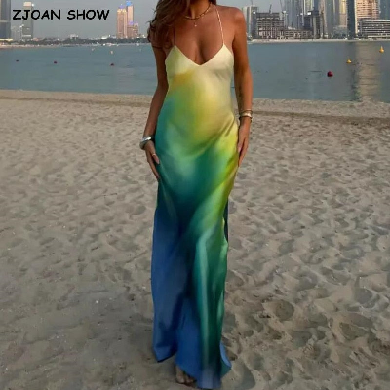 2023 Sexy scollo a V profondo Gradient Tie-dye Satin Sling Dress Women Cross Bandage Backless Long Robe Party Summer