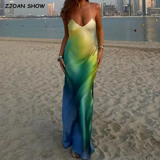 2023 Sexy scollo a V profondo Gradient Tie-dye Satin Sling Dress Women Cross Bandage Backless Long Robe Party Summer