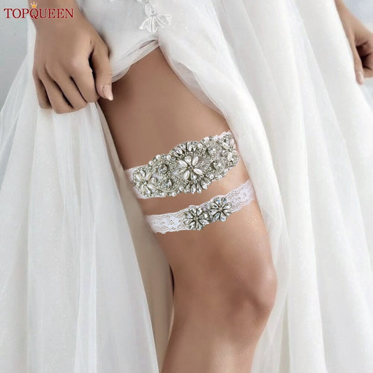 TOPQUEEN Set di giarrettiere per ragazze sexy da sposa in pizzo bianco per donna Cintura con strass argento Giarrettiere da sposa nere per abito da sposa S76