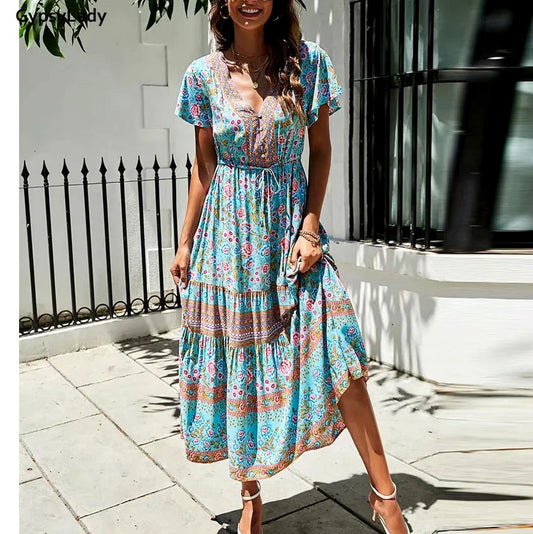 Prodotti GypsyLady Maxi abito stampato floreale Vintage Boho Summer Holiday Women Abiti Casual Chic Tie Lace Up Ladies Beach Abito femminile