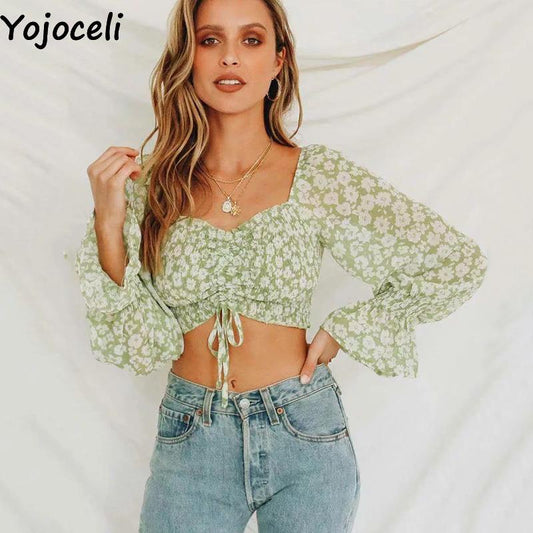 Prodotti Yojoceli Sexy camicetta in chiffon con stampa pieghettata da donna Autunno spiaggia casual short crop top femminile Camicetta elegante con volant