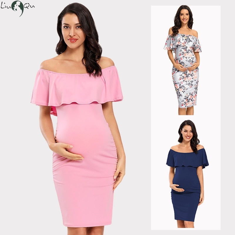 Liu&Qu Abito premaman da donna con spalle scoperte Abito aderente senza maniche con volant Elegante abito aderente con increspature laterali per baby shower