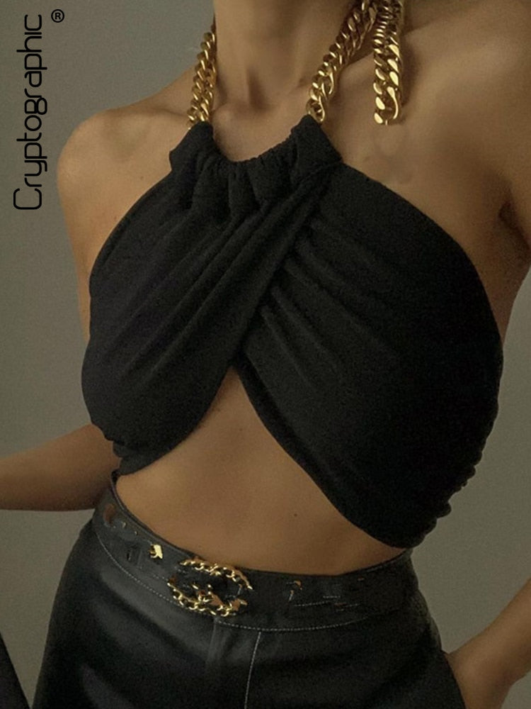 Prodotti Cryptographic Summer Fashion Chic Halter Chain Crop Top per donna Backless Cropped Feminino Black Wrap Top 2022 Streetwear