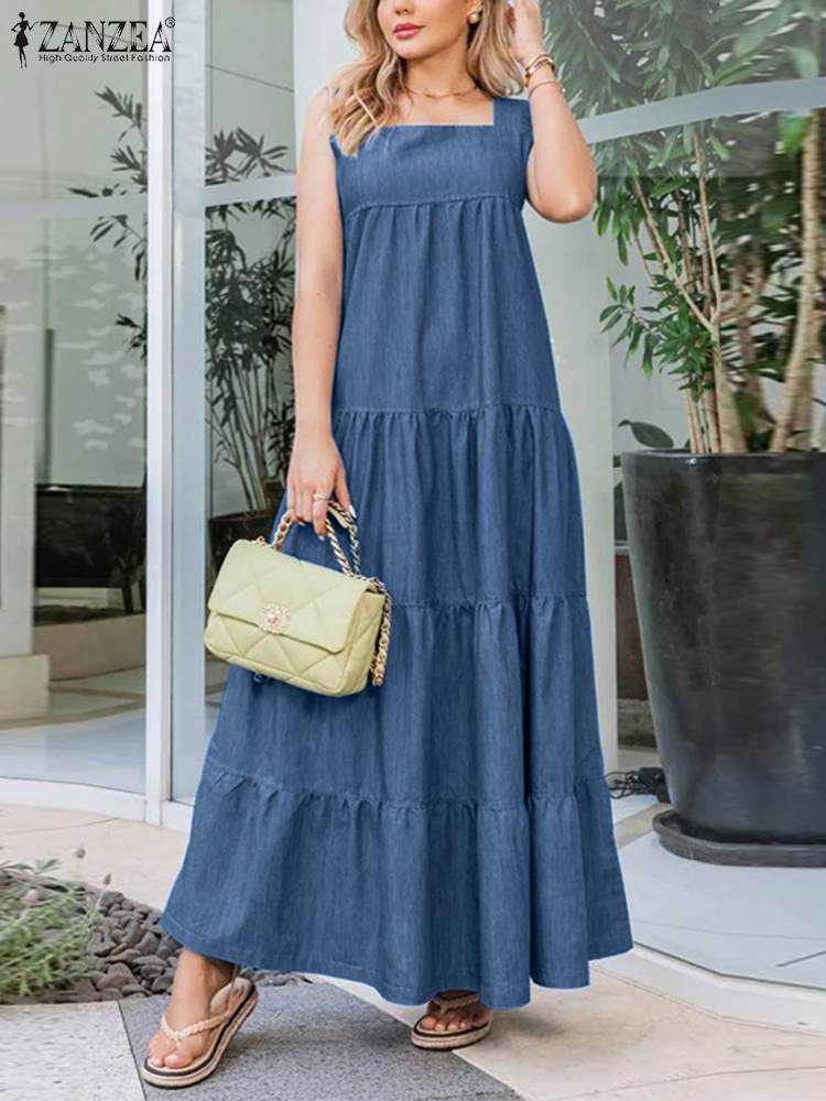 Prodotti ZANZEA Summer Denim Sundress Women Jeans Dress Vintage Loose Maxi Vestido Fashion Denim Blue Abiti Holiday Robe Streetwear